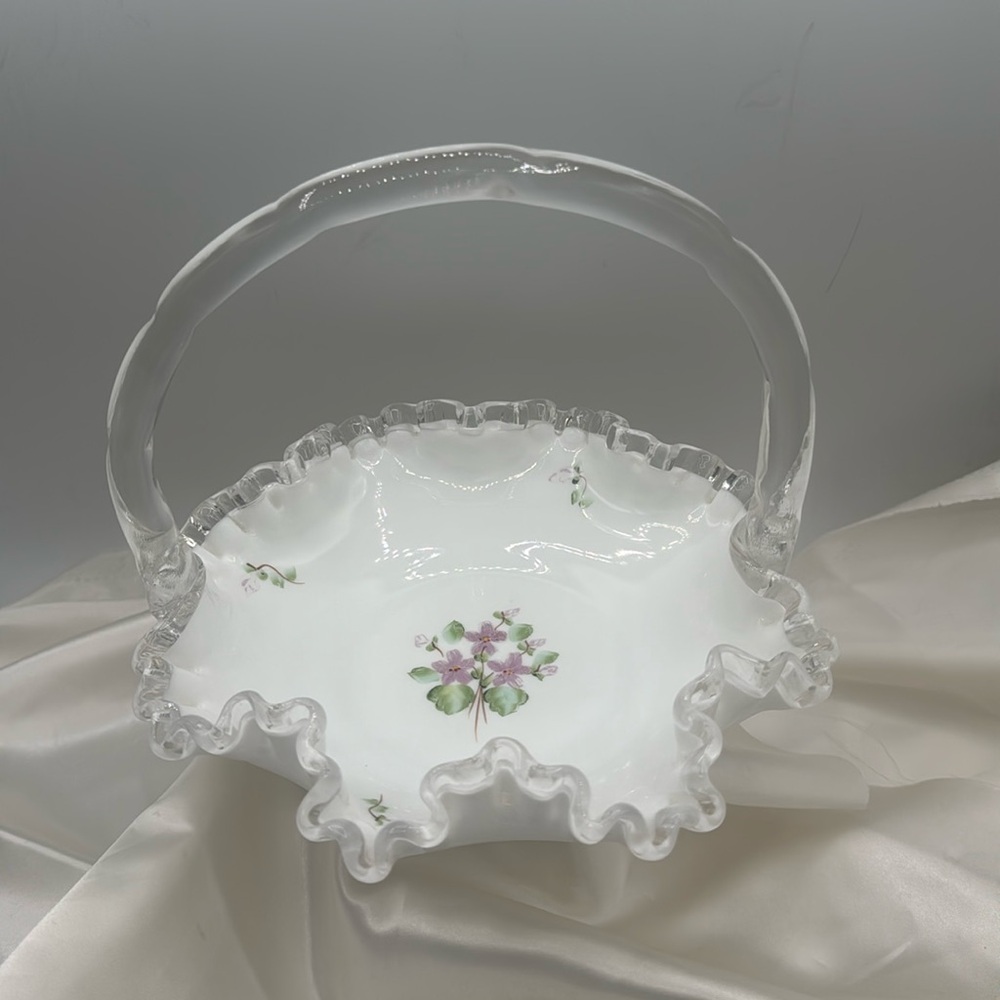 Fenton silver crest hand painted violets in the snow basket.